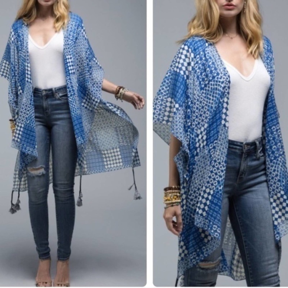 NEW Boho Cotton Blue Kimono Duster Coverup Lightweight Wrap Tassels
